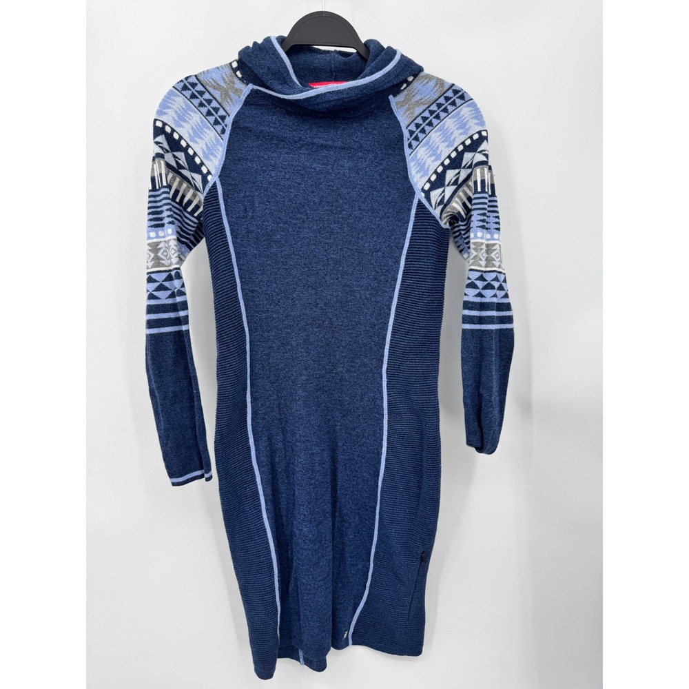 Krimson Klover Sweater Dress Women XS Blue Merino Wool Blend Fair Isle Hooded